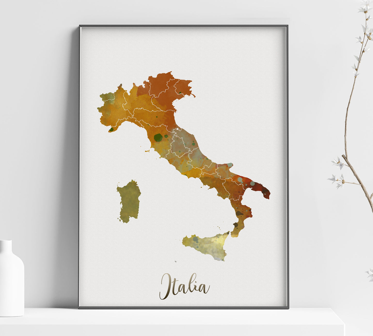 a framed map of the country of italy