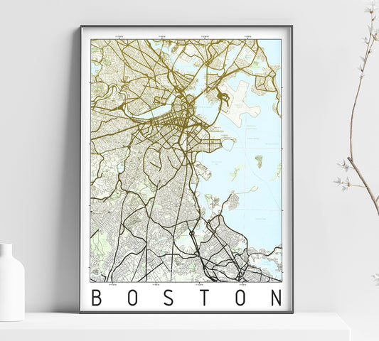 a map of boston with a vase of flowers next to it