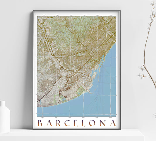 a framed map of barcelona on a shelf