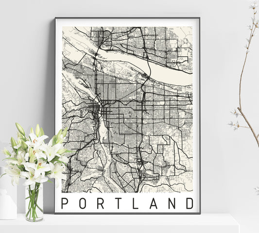 a black and white map of portland on a shelf