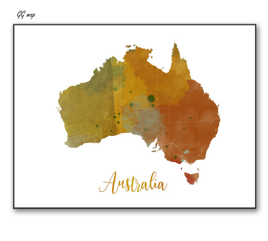 a watercolor map of australia with the name