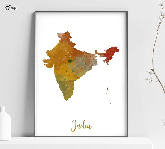 a watercolor map of india with the name of the country