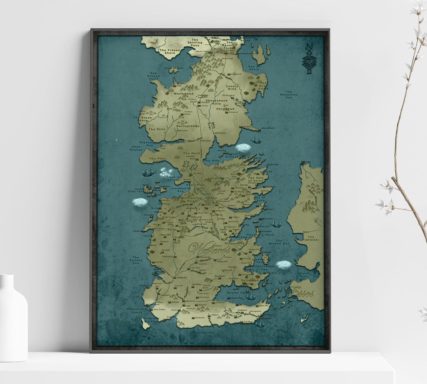 a framed map of the Game Of Thrones