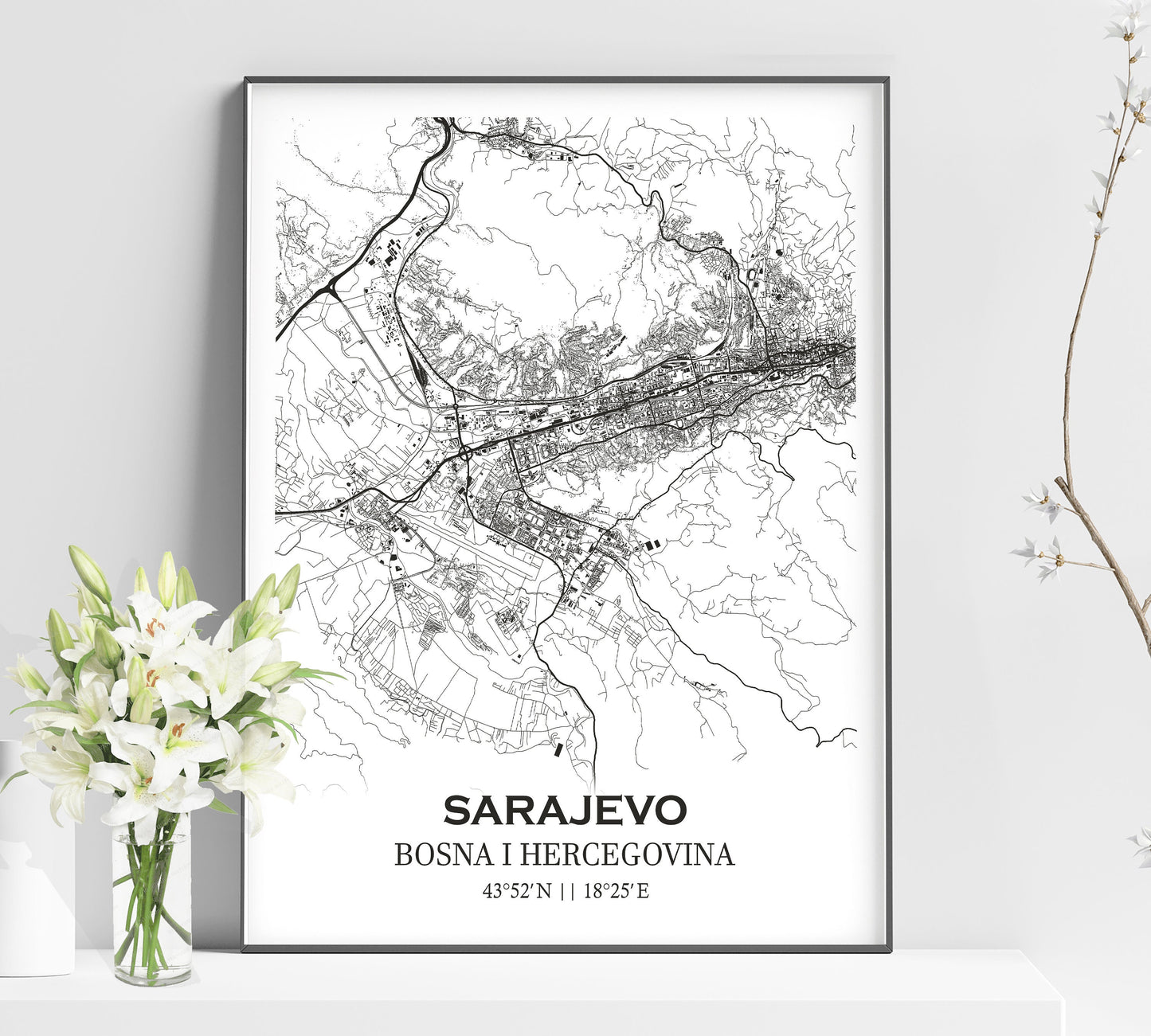 a black and white map of the city of sarajevo