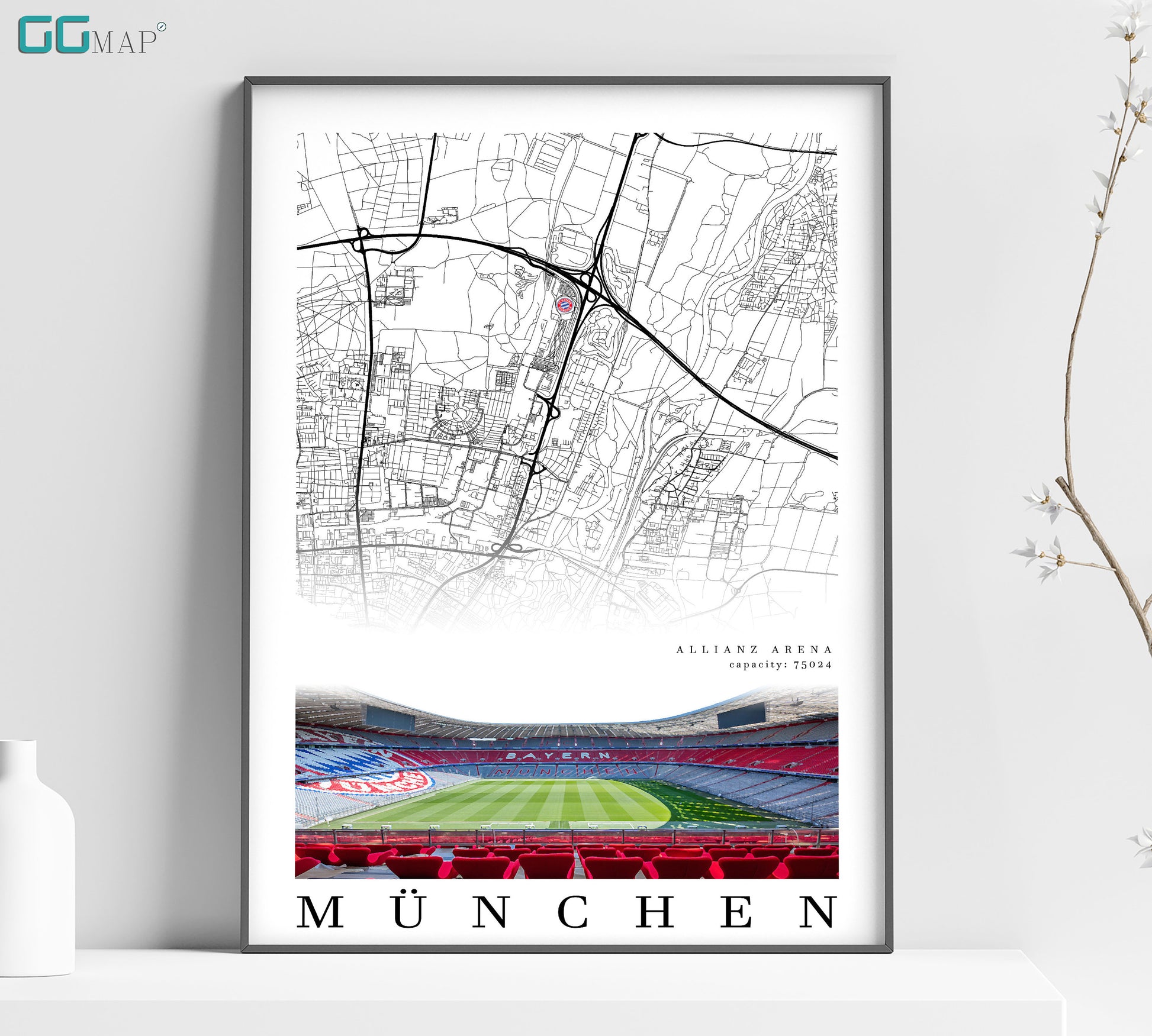 a picture of a stadium with a map of munchen