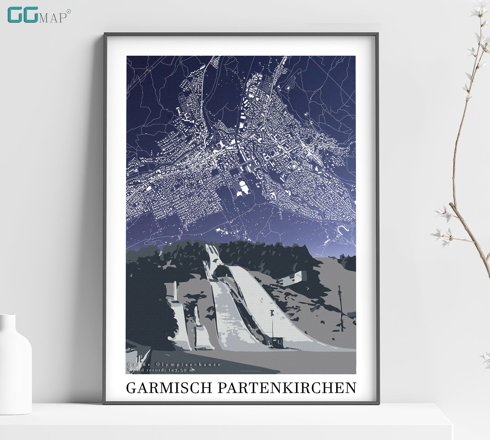 a framed poster of a city map of garmisch papenkiren