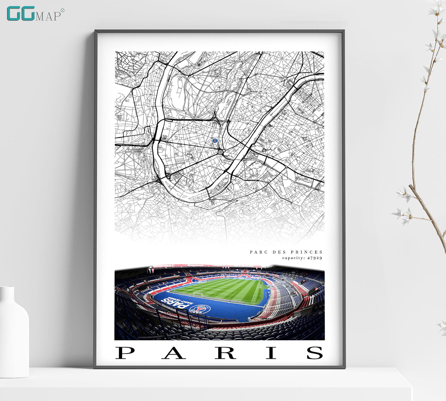 a picture of a stadium with a map of paris