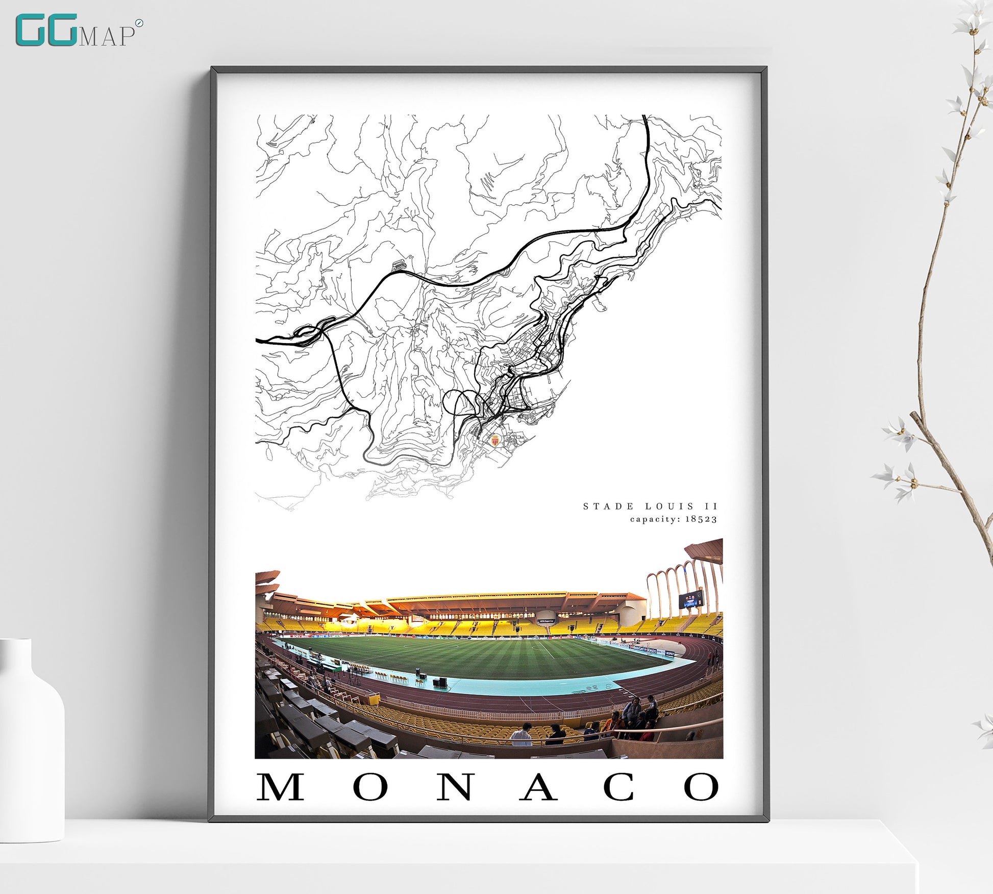 a poster of a baseball stadium with a map of monaco