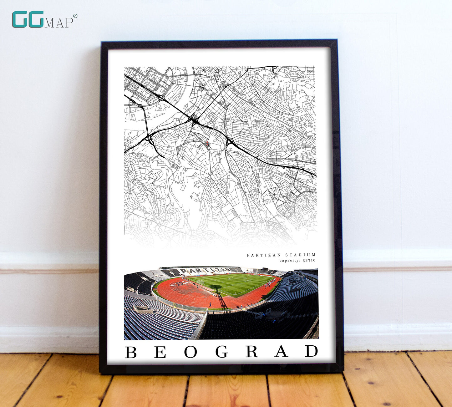 City map of BEOGRAD - Partizan Stadium - Home Decor Partizan Stadium - Wall decor Partizan Stadium - Print map