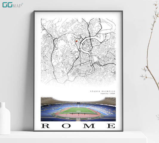 City map of ROME - Stadio Olimpico - Home Decor - Stadio Olimpico wall decor - AS Roma