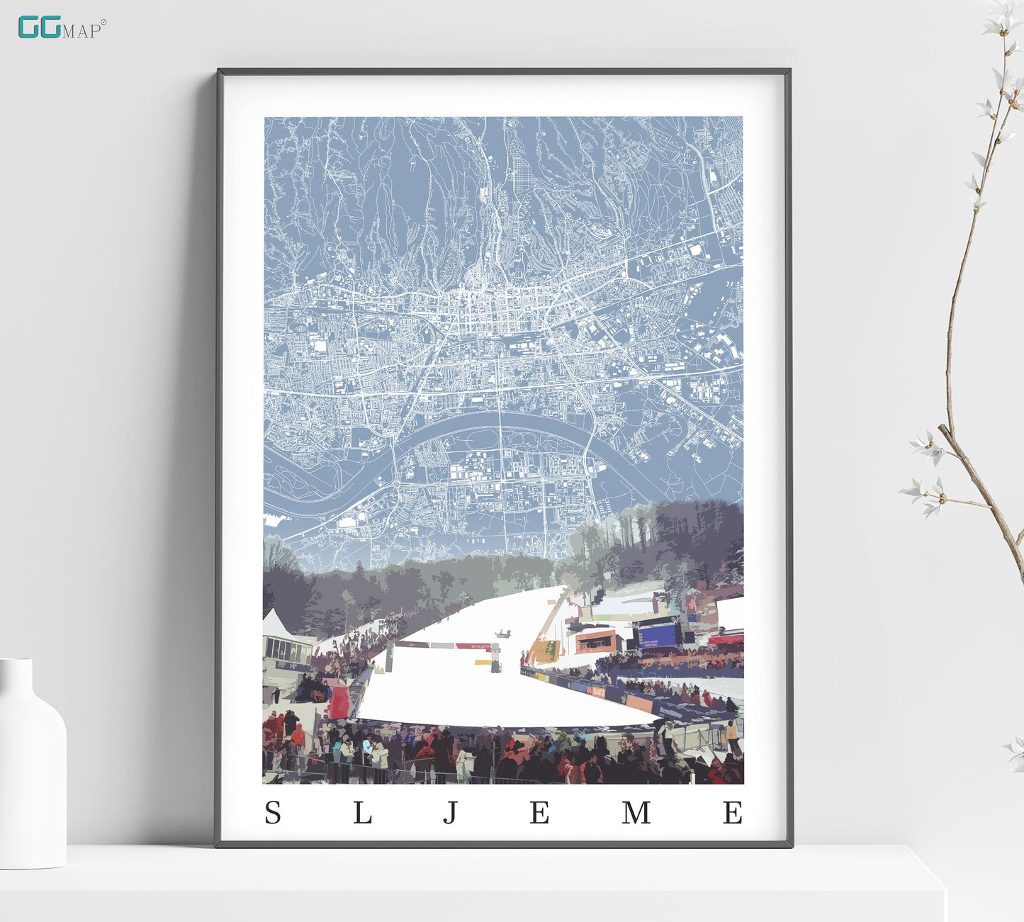 a poster of a ski resort in the mountains