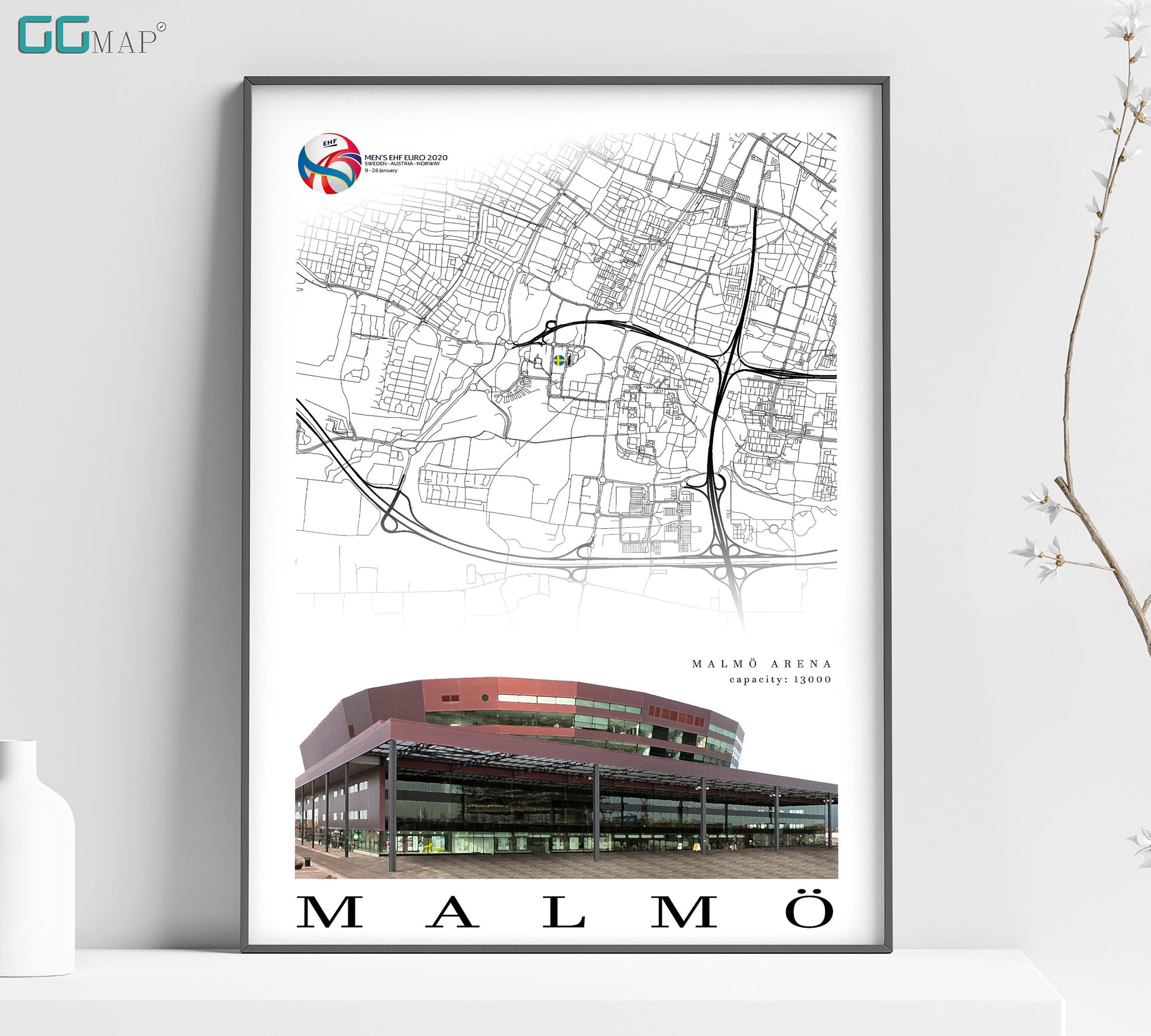 a poster of a building with a map of the area