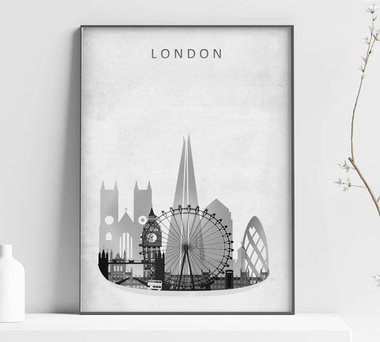 a black and white picture of london with a ferris wheel