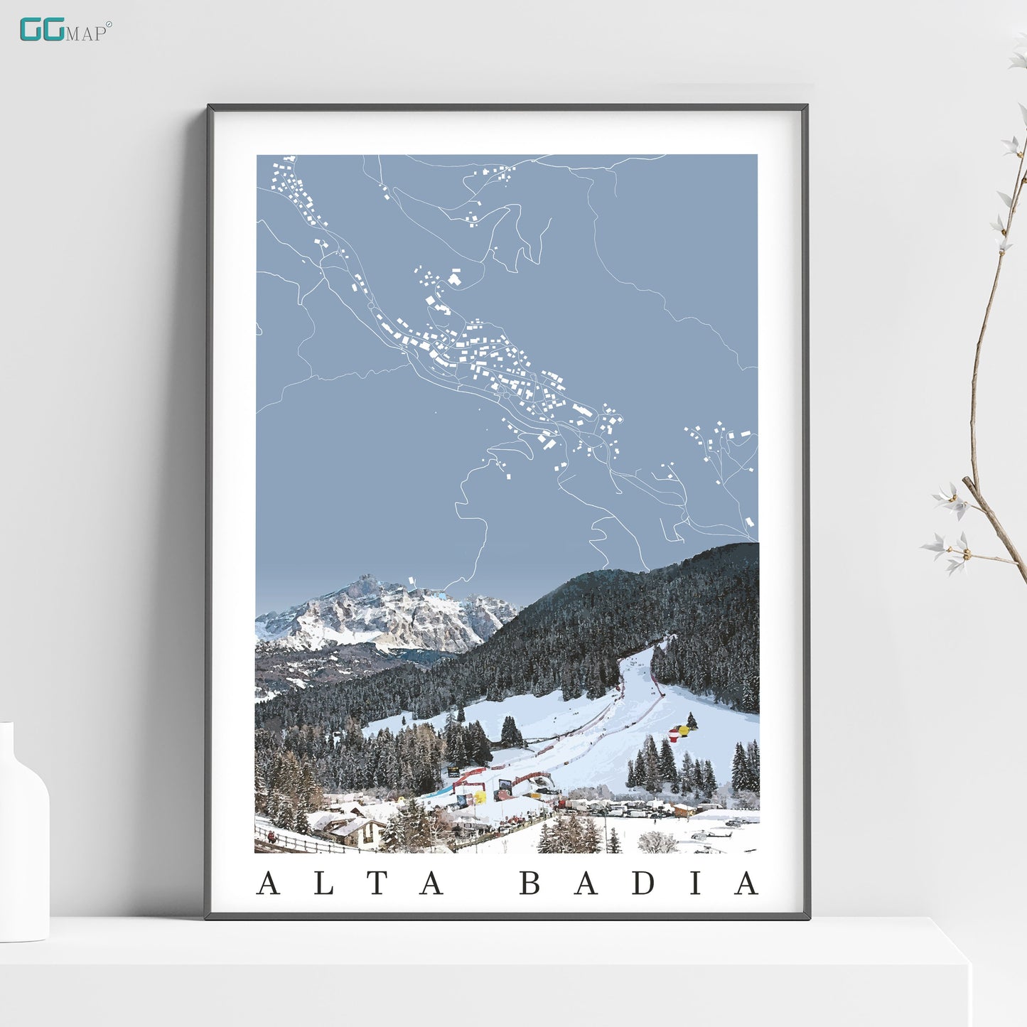 a poster of a ski resort in the mountains