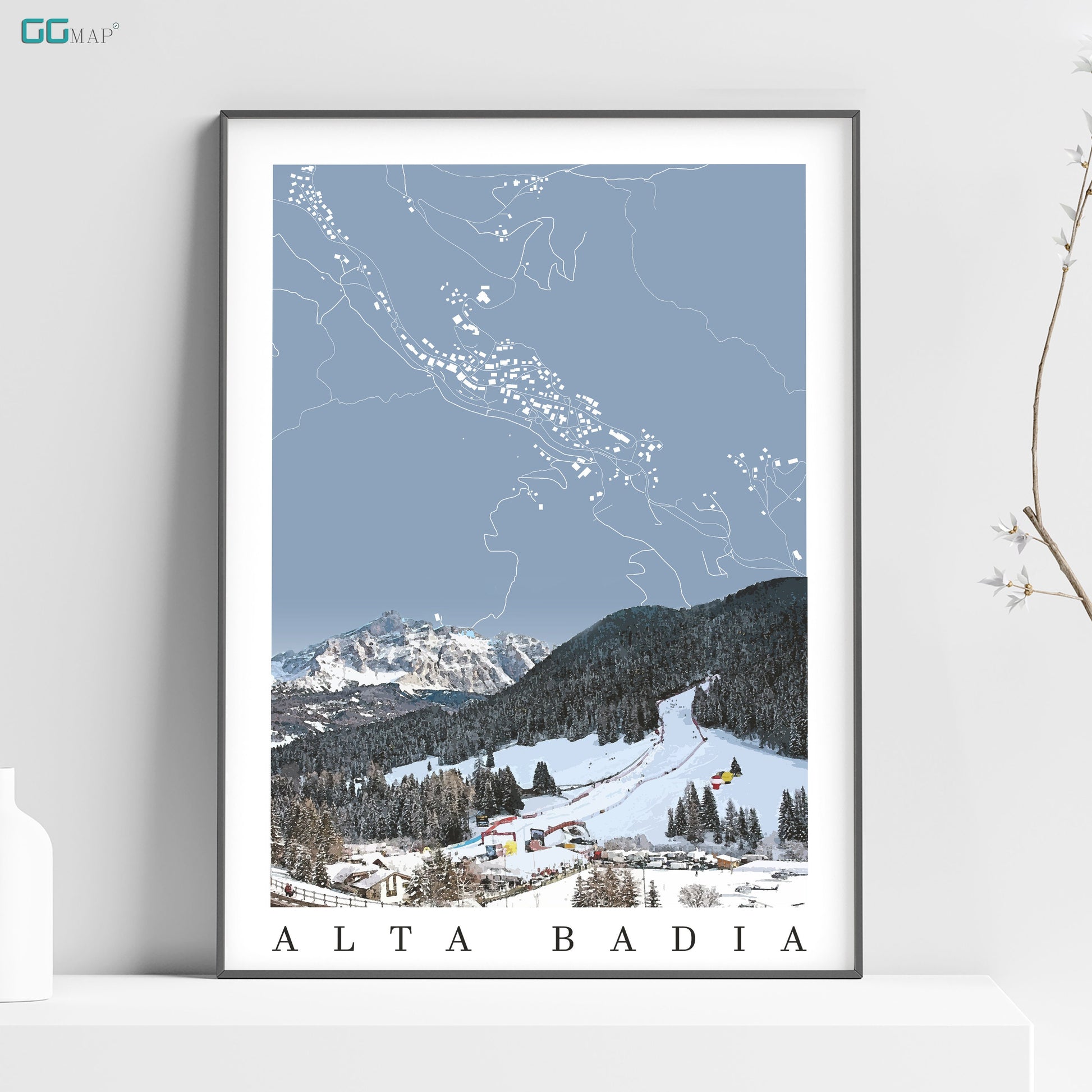 a poster of a ski resort in the mountains