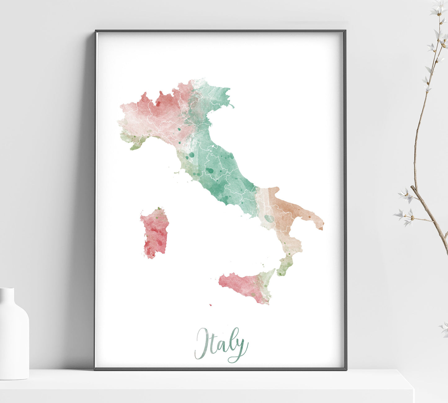 a watercolor map of italy in pastel colors