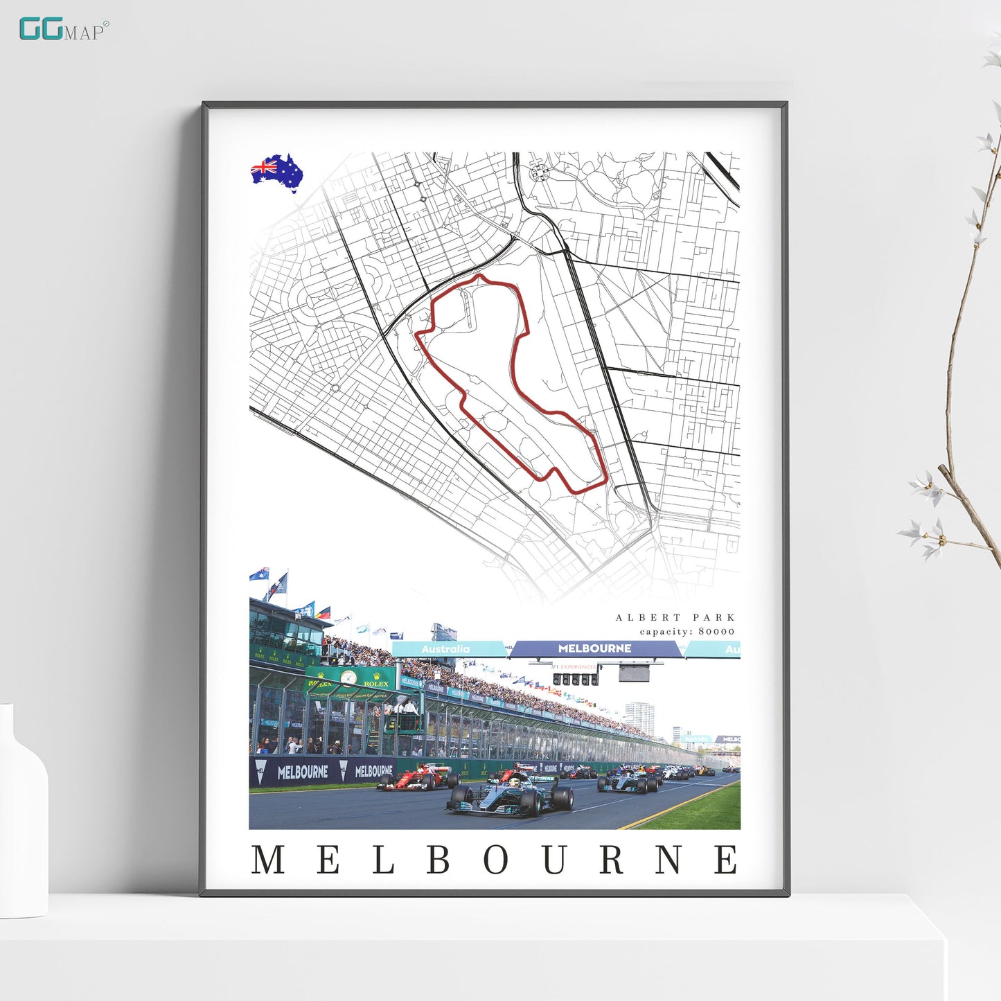 a poster of a race track with a map of melbourne