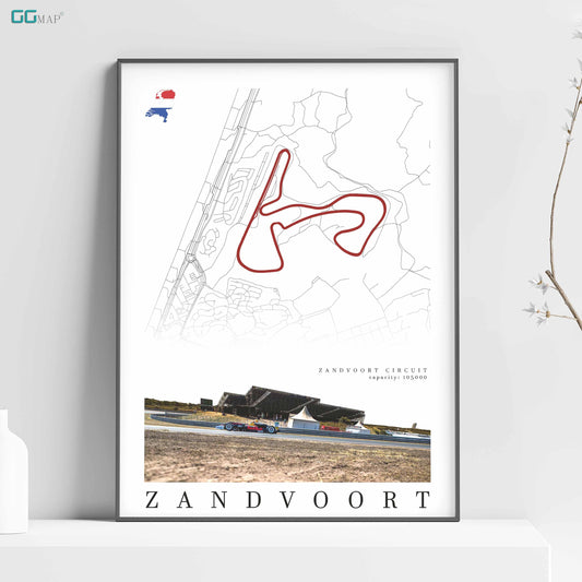 a poster of a race track on a shelf