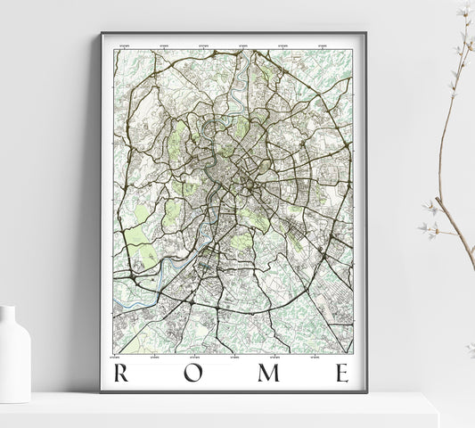 a framed map of rome, italy on a shelf