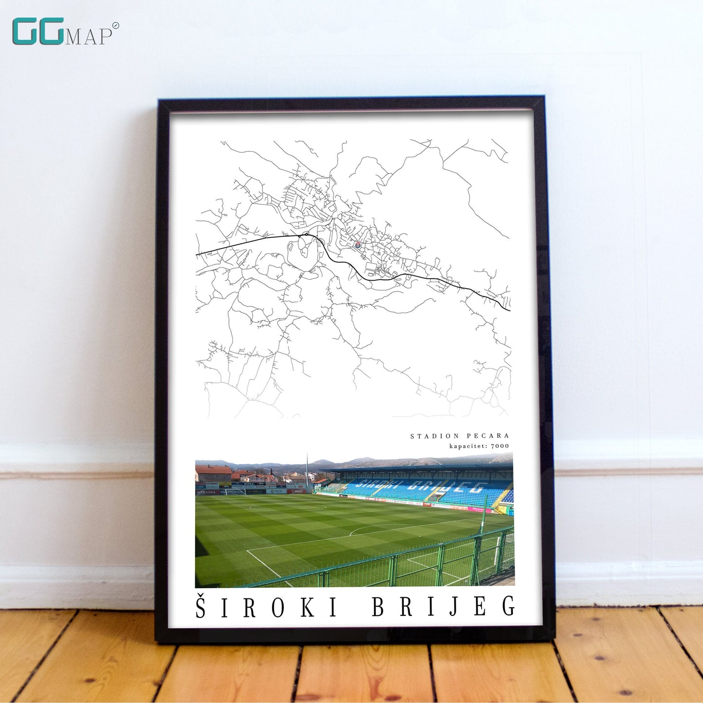 City map of ŠIROKI BRIJEG - Stadium Pecara - Home Decor Široki Brijeg - Siroki Brijeg stadium - Siroki Brijeg gift - Print map