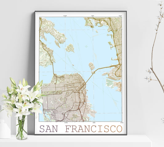 a framed map of san francisco on a shelf