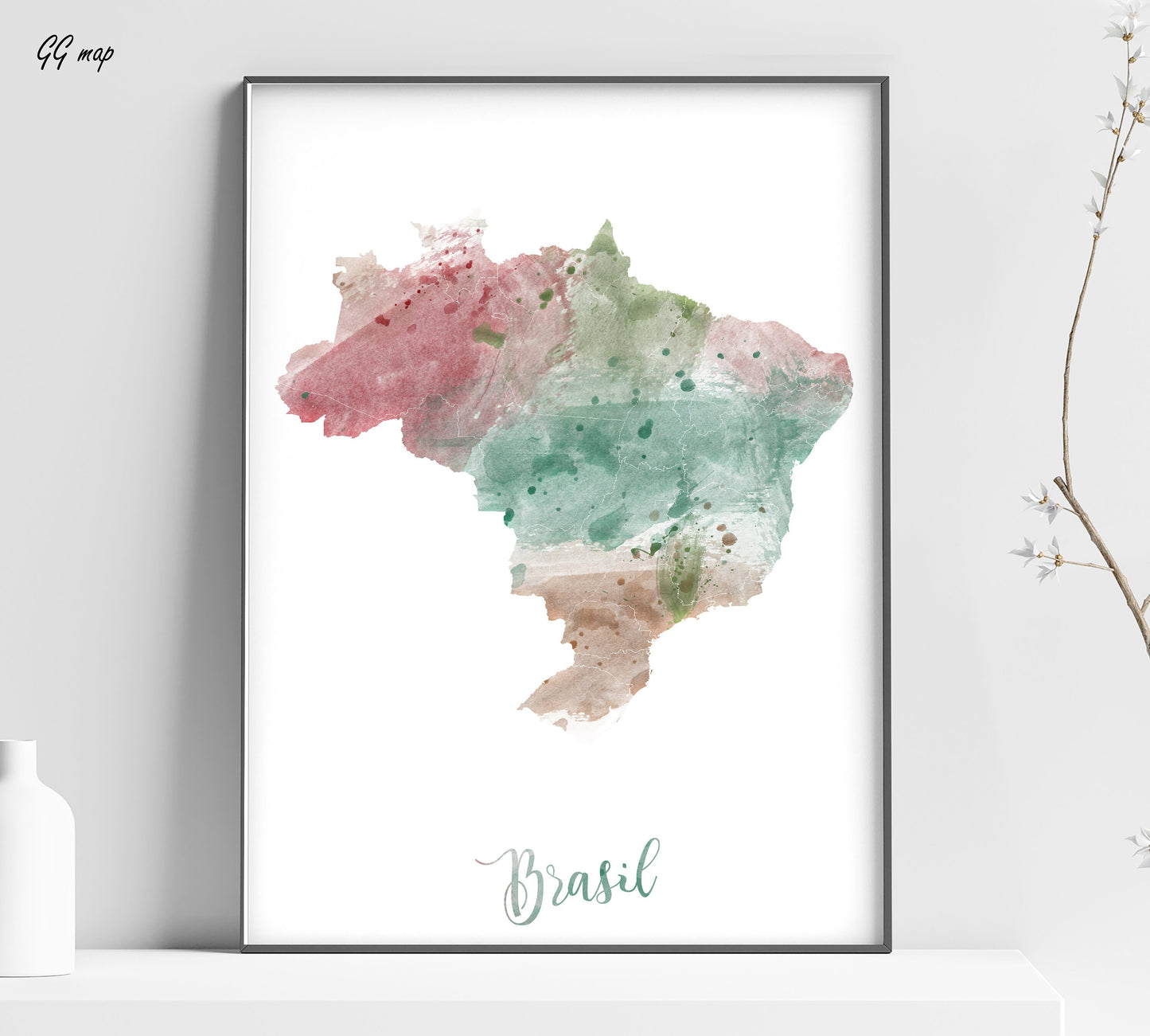 a watercolor map of brazil in pastel colors
