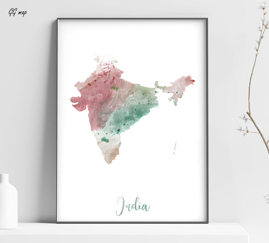 a watercolor map of india in green and pink