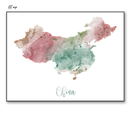 a watercolor map of china with the name of the country