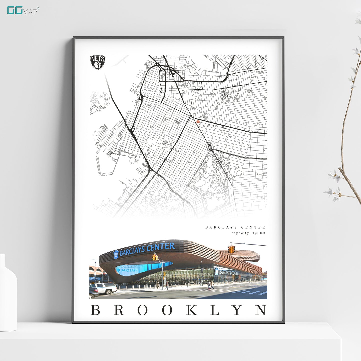 a poster of a building with a map of brooklyn on it