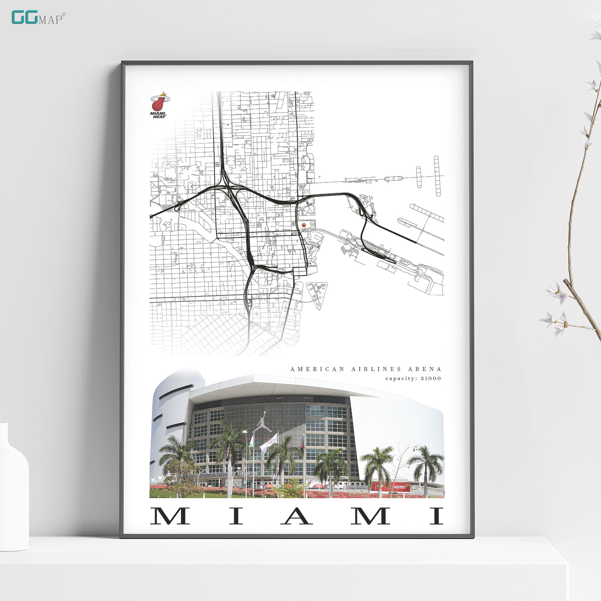 a poster of a building with a map of miami