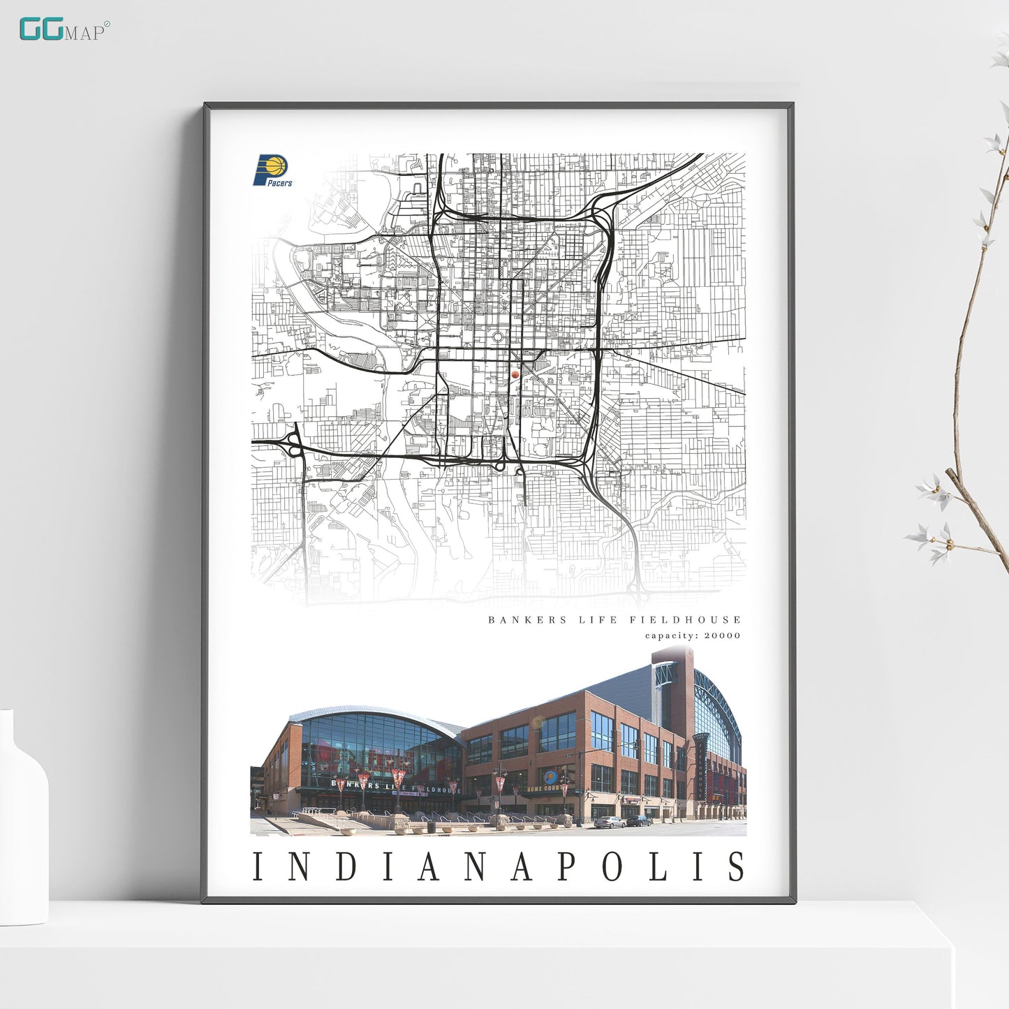 City map of INDIANAPOLIS - Bankers Life Fieldhouse - Home Decor Indianapolis - Bankers Life Fieldhouse gift - Indianapolis poster -Print map