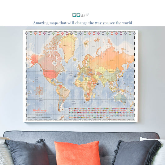 a map of the world hanging on a wall