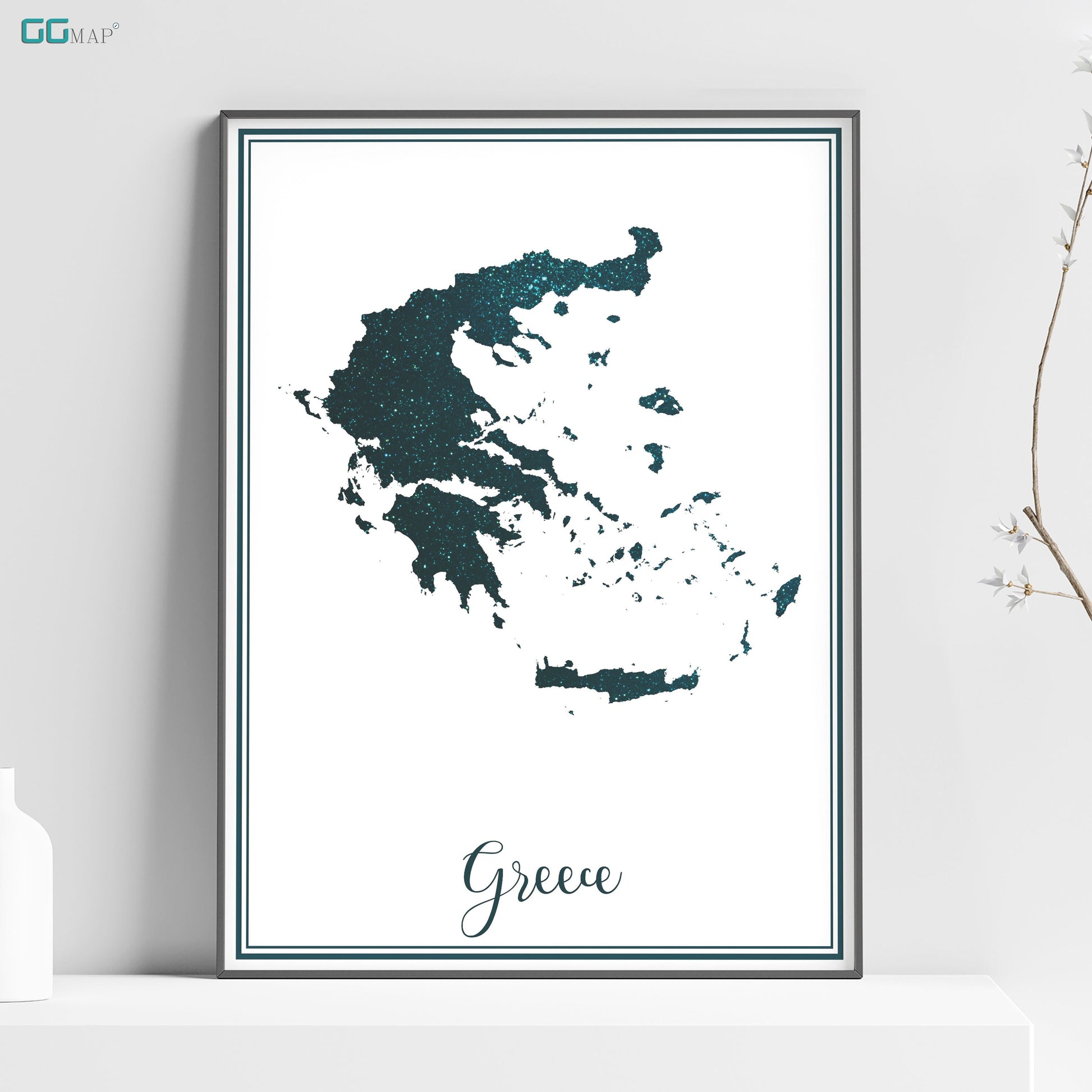 a white poster with a green map of greece