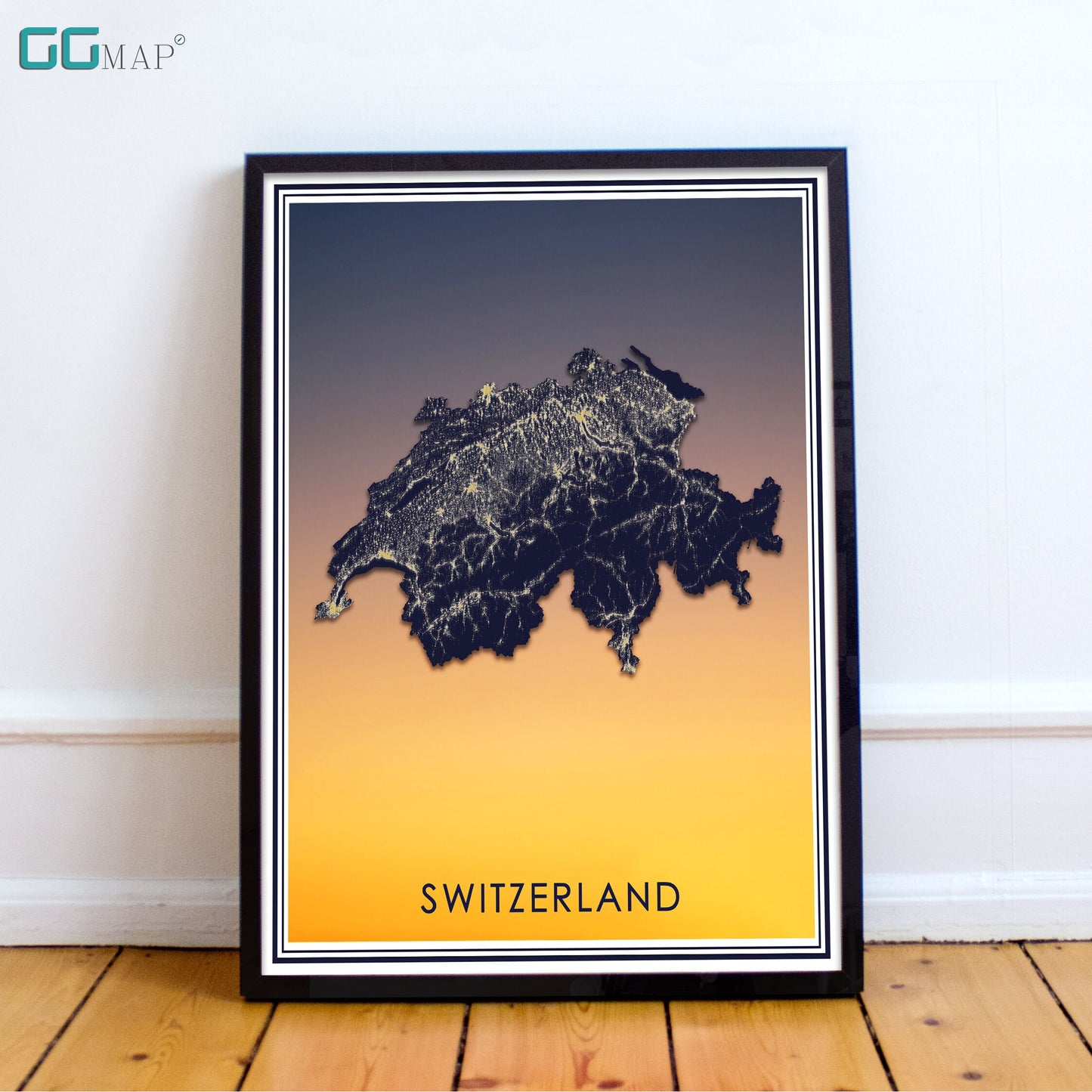 SWITZERLAND map - Switzerland sunset map - Travel poster - Home Decor - Wall decor - Office map - Switzerland gift - GGmap design