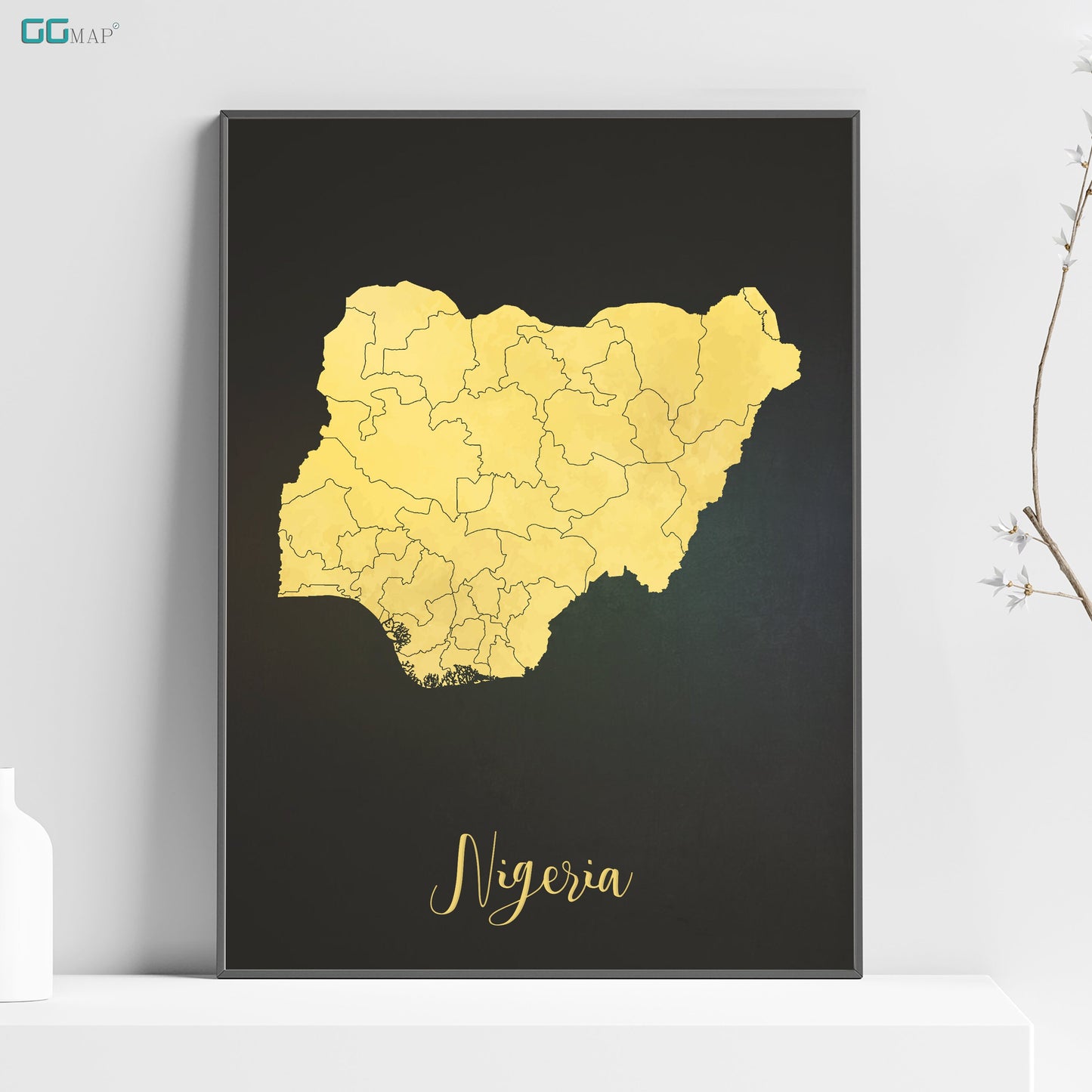 a black and yellow poster with a map of the country of nigeria