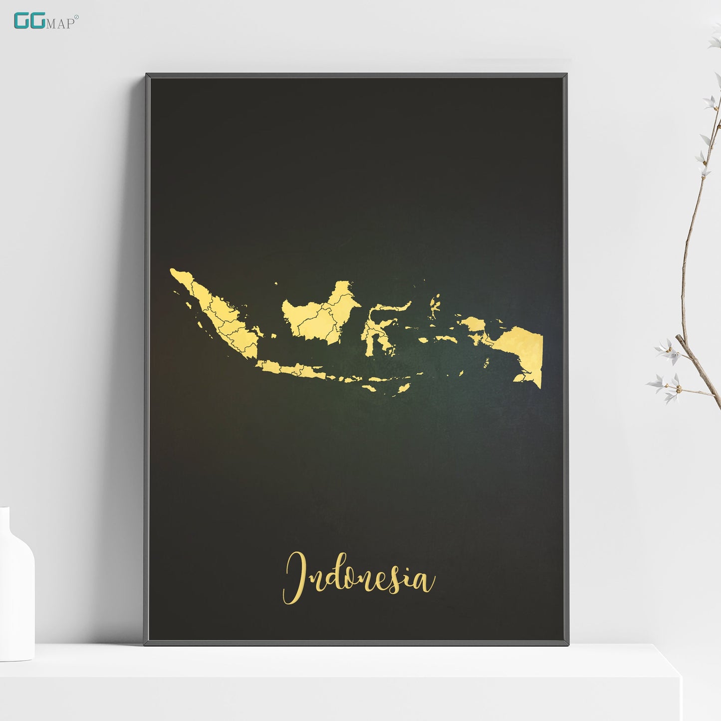 a black and gold poster with the name of the country of indonesia