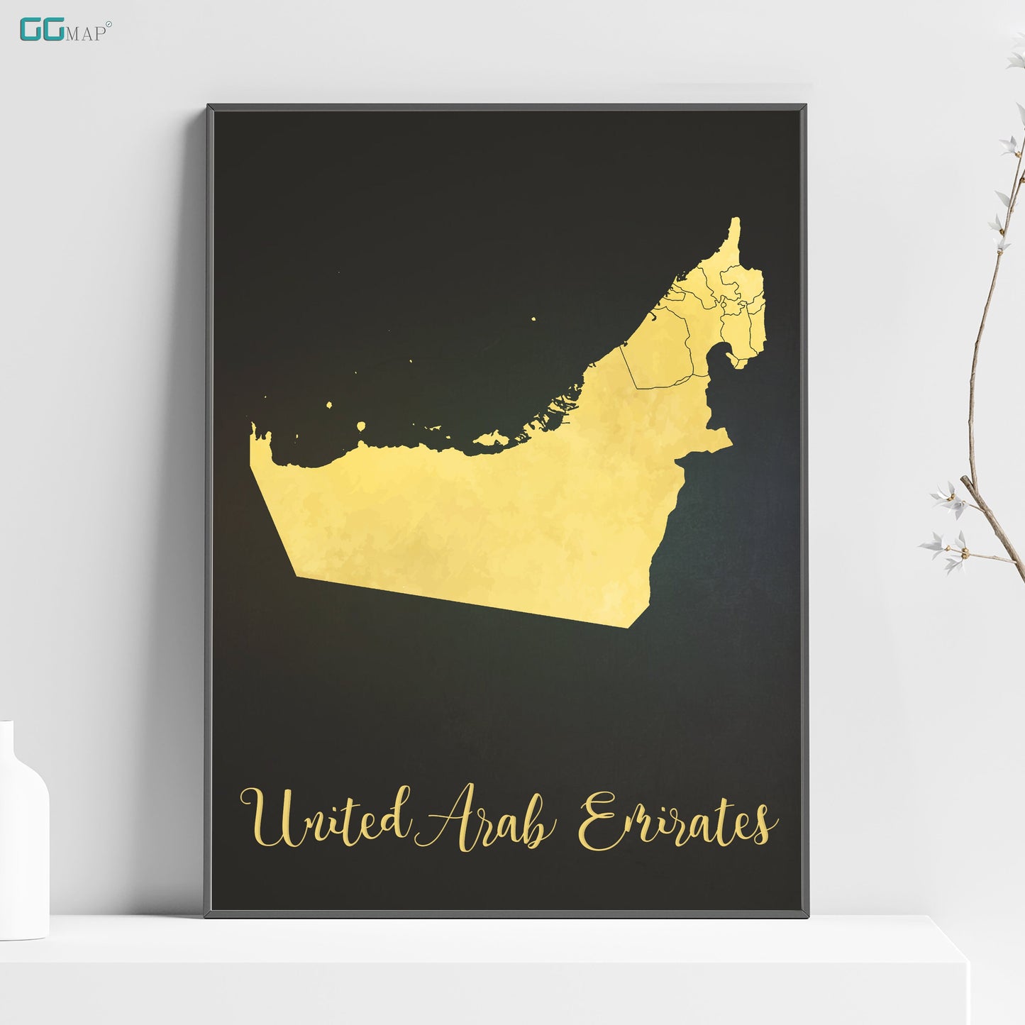 a black and gold poster with a map of the united arab emirates