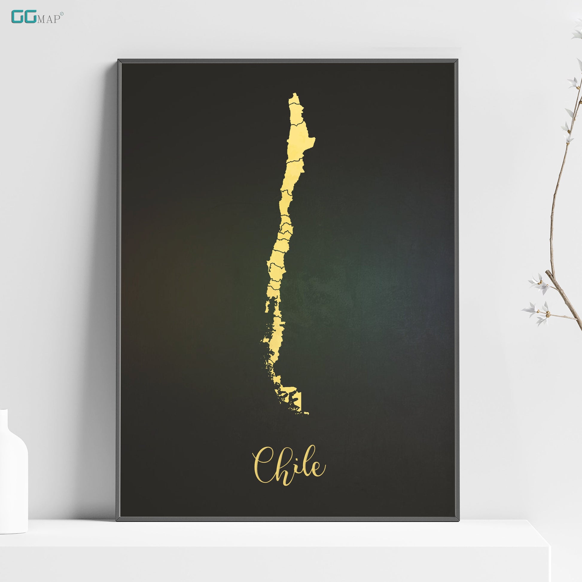 a black and gold poster with the word chile on it