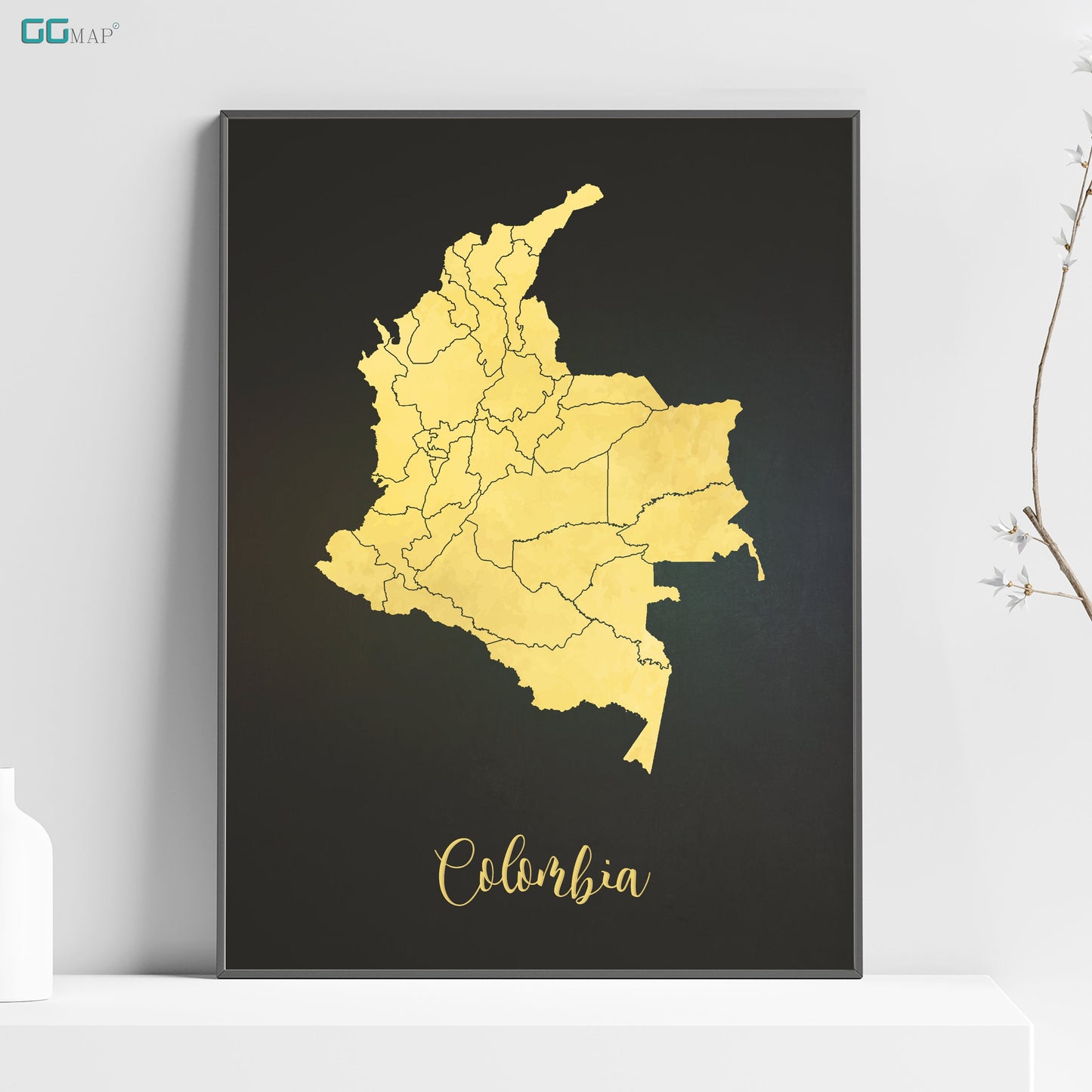 a framed map of the country of colombia