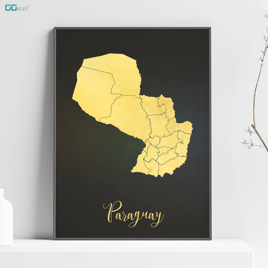 a black and yellow poster with a map of the country of paraguay