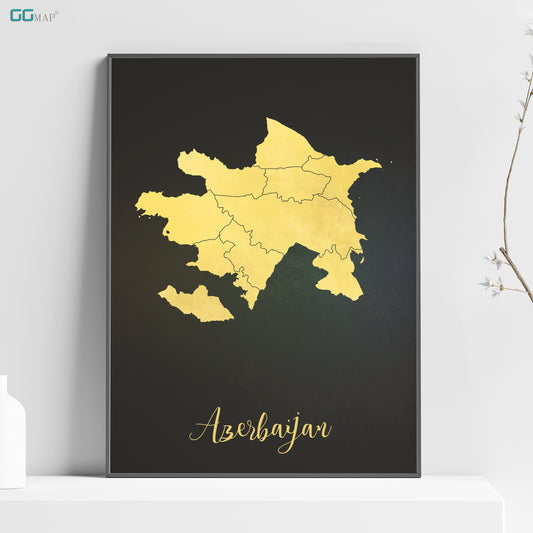 a black and yellow poster with a gold map of asia