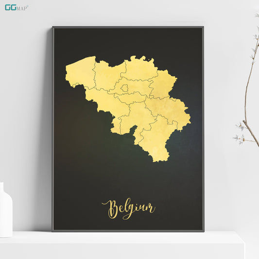 a black and yellow poster with a map of belgium