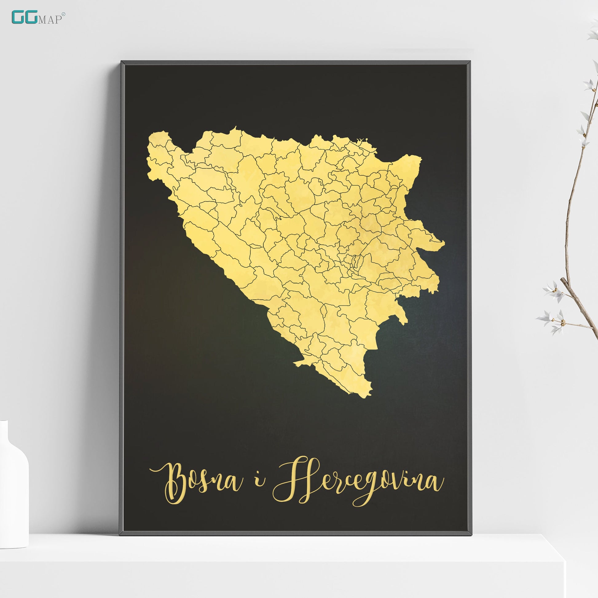 a black and yellow poster with a gold map Bosnia