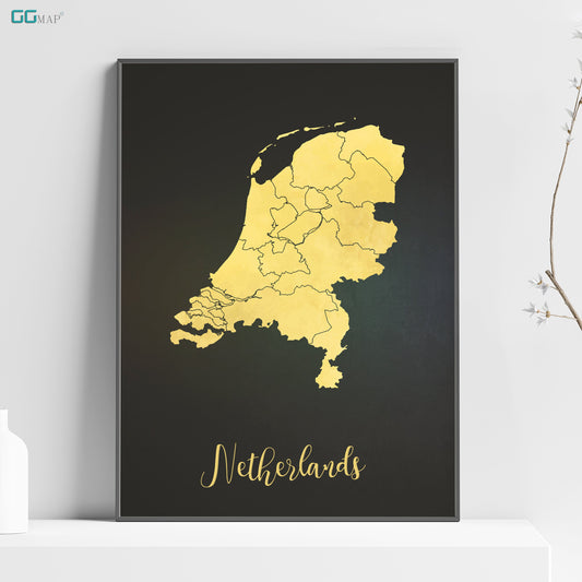 a black and yellow poster with a map of the country of netherlands