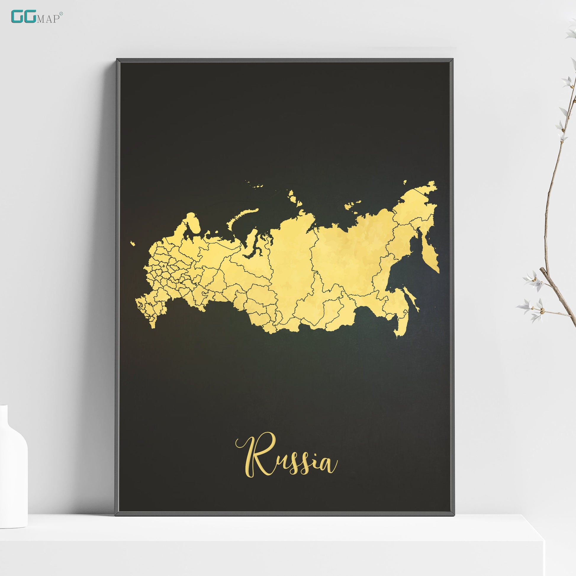 a black and gold map of the country of russia