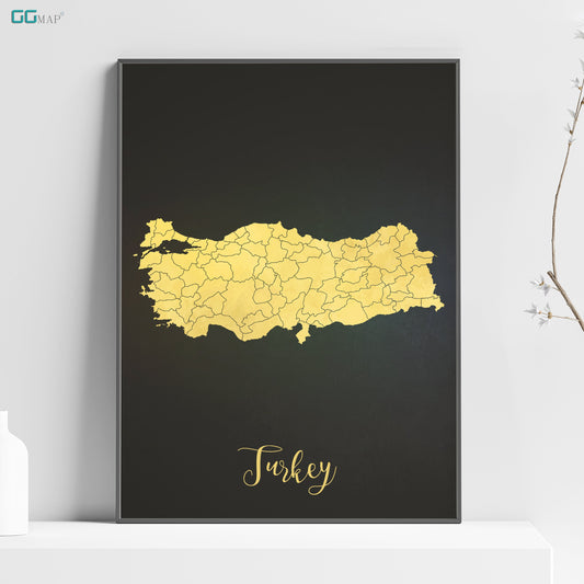 a black and yellow poster with a map of turkey