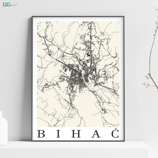 a white poster with a black and white map of bihac