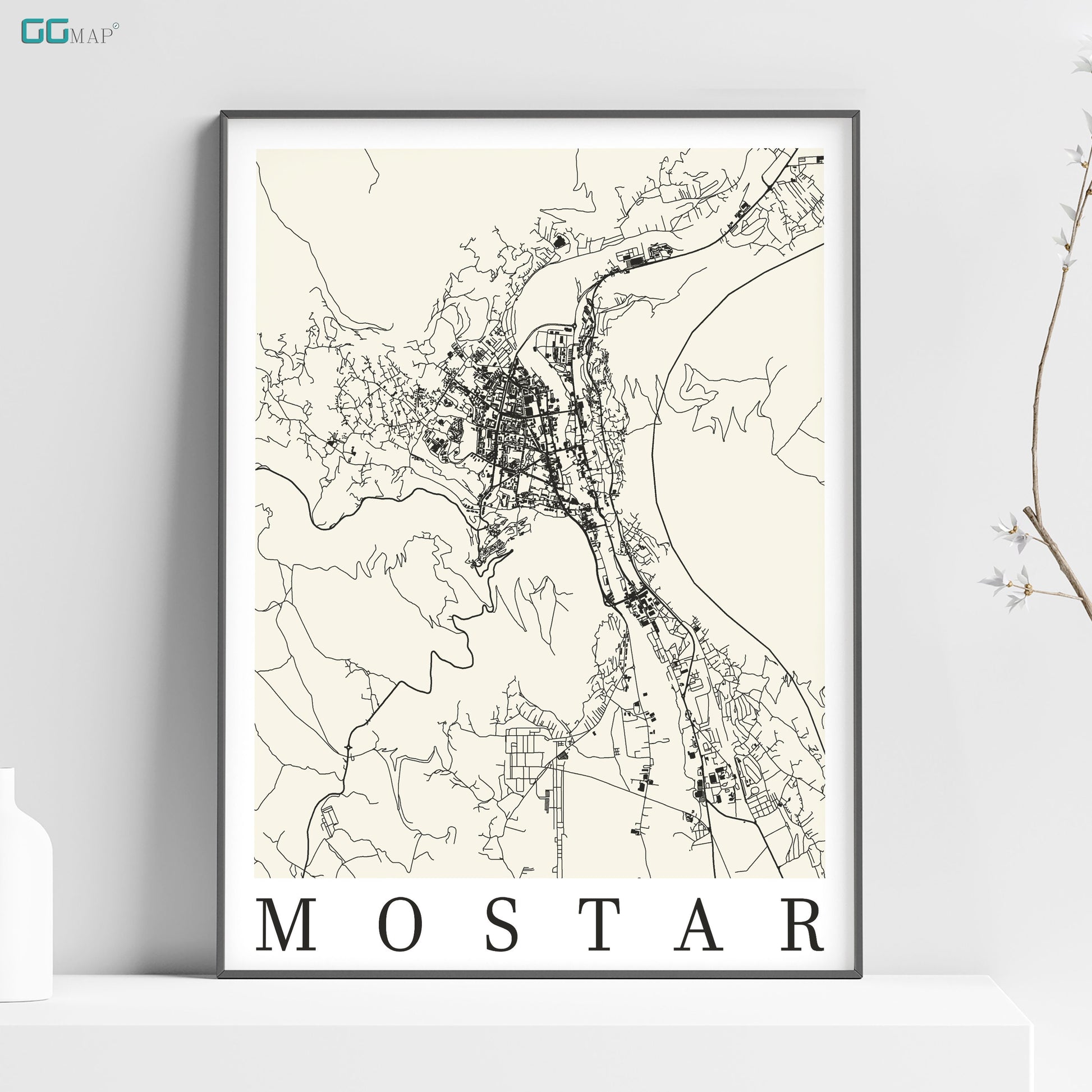 a map of the city of mostar in black and white