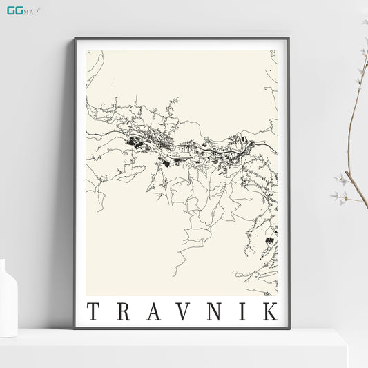 a black and white map of the town of travnik