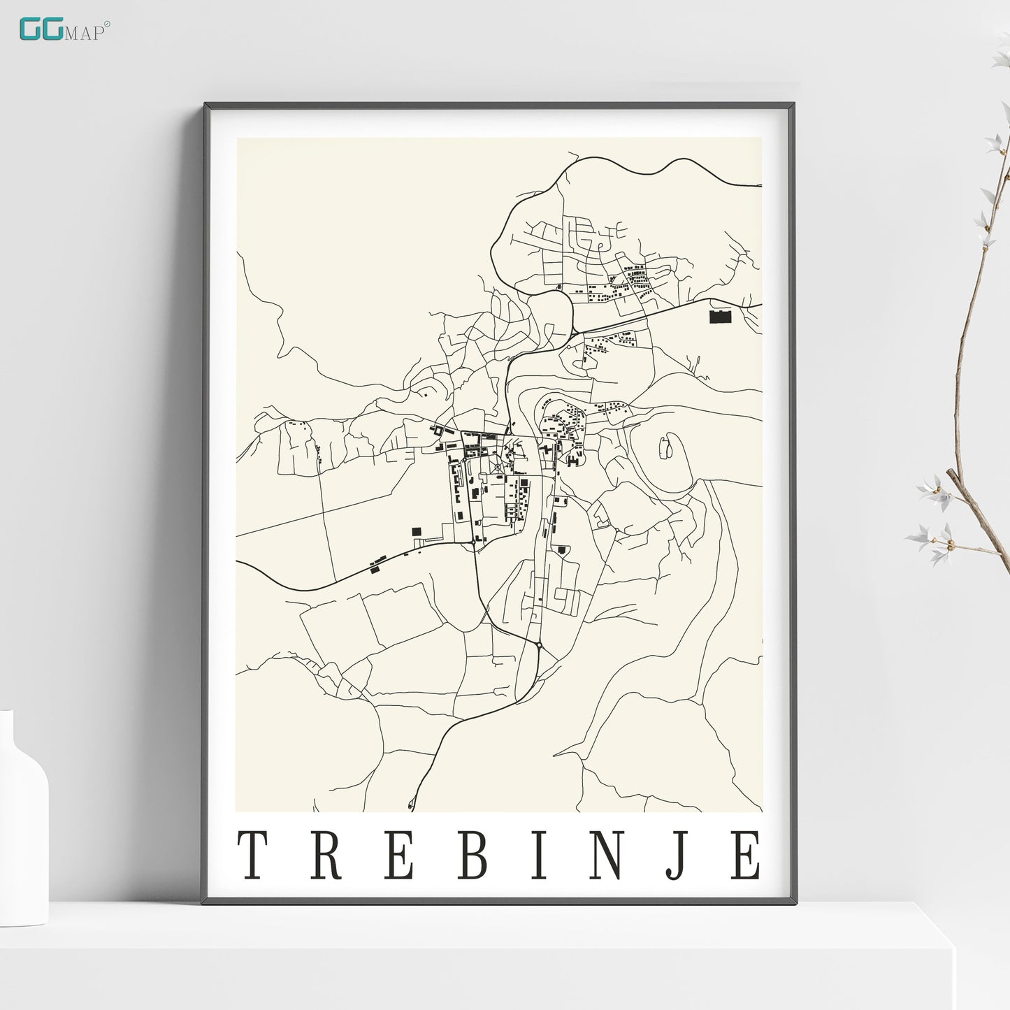 a white poster with a black and white map of trebene